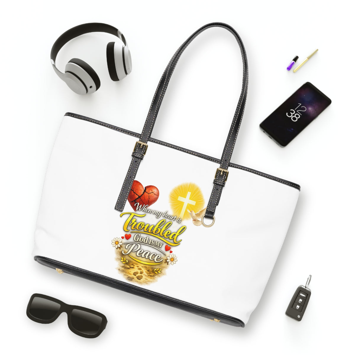 Christian PU Leather Shoulder Bag — "When I’m Worried & Troubled, God Gives Me Peace" Inspirational Tote