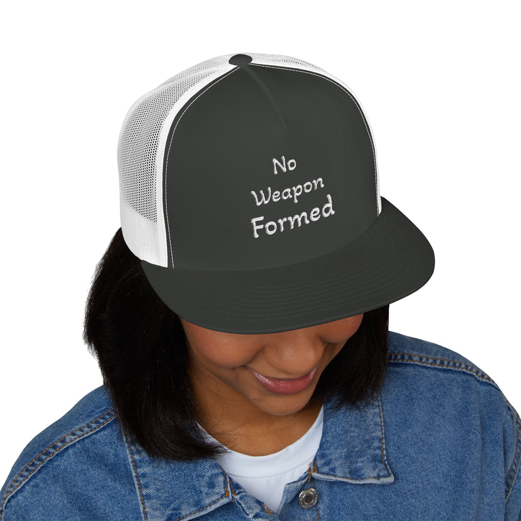 No Weapon Formed Trucker Cap — Christian Faith Statement Mesh Hat