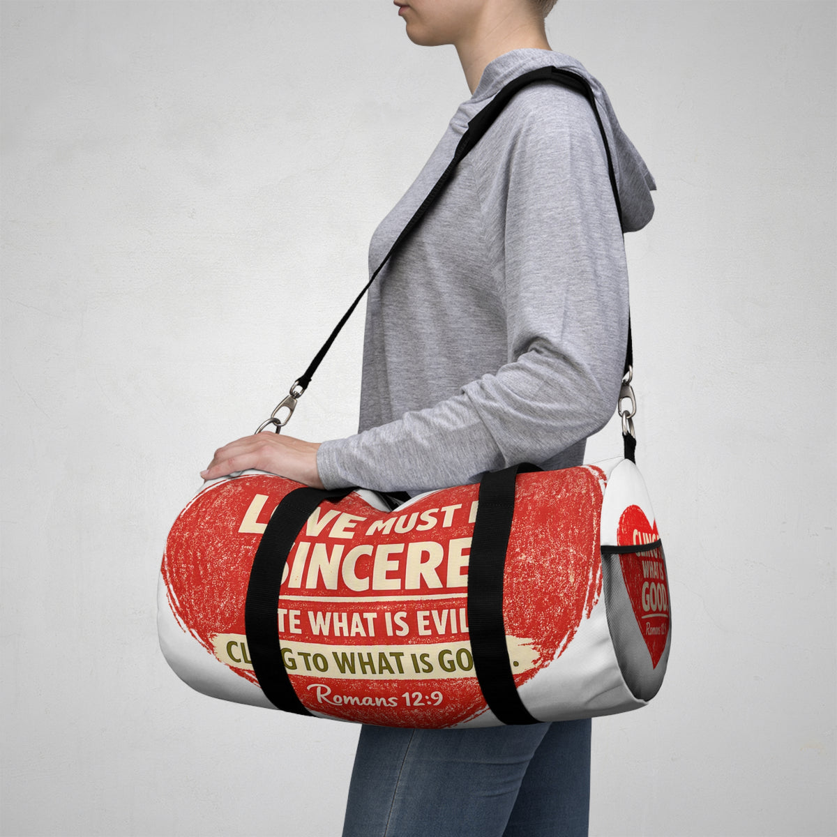 Sincere Love Duffel Bag — Romans 12:9 Inspirational Travel Gym Bag