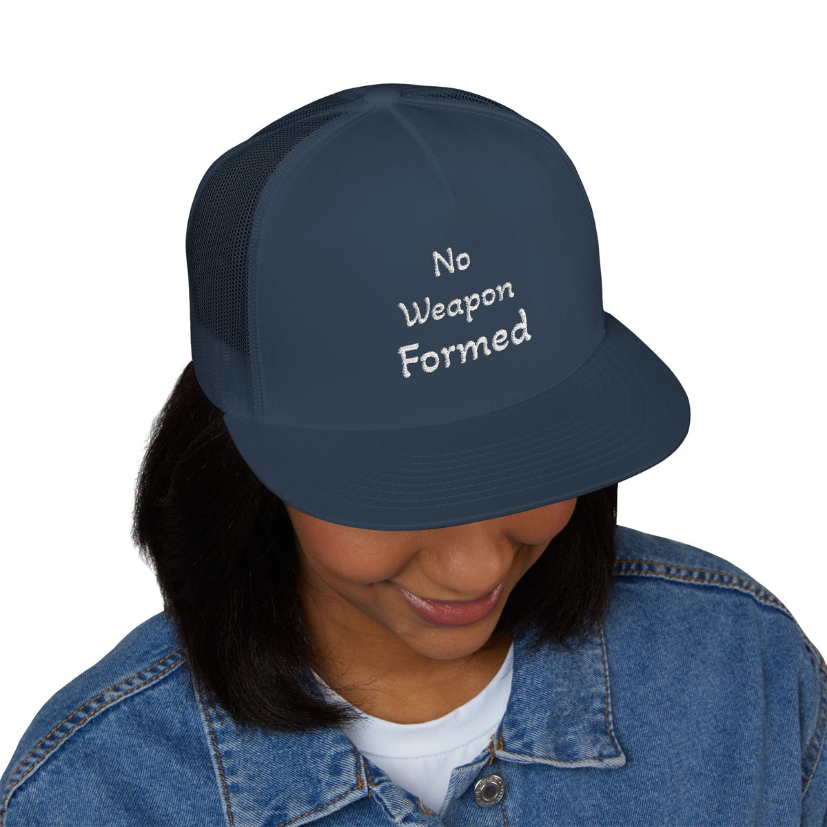 No Weapon Formed Trucker Cap — Christian Faith Statement Mesh Hat