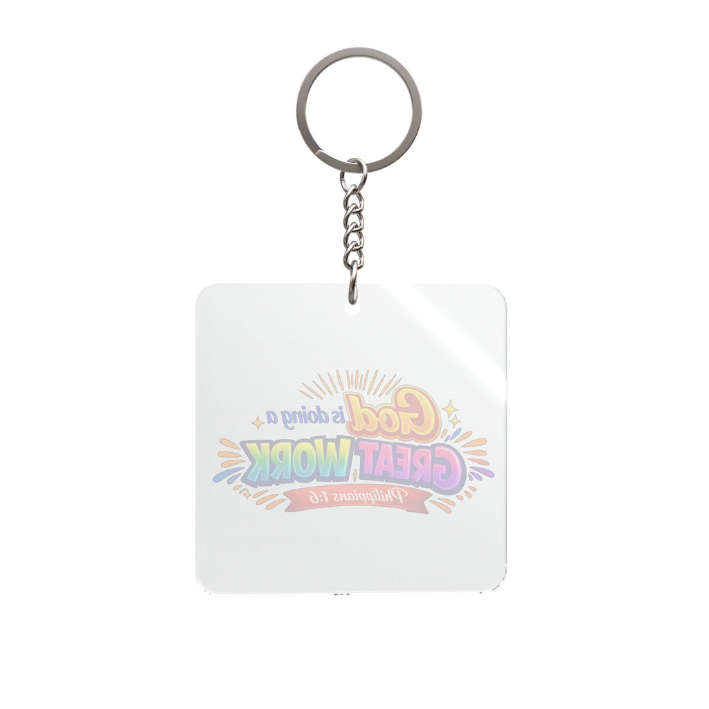 Square Keychain - "God is Doing a Great Work" Inspirational Christian Keyring (Philippians 1:6)