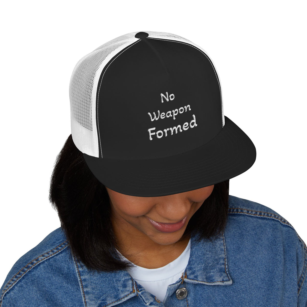 No Weapon Formed Trucker Cap — Christian Faith Statement Mesh Hat