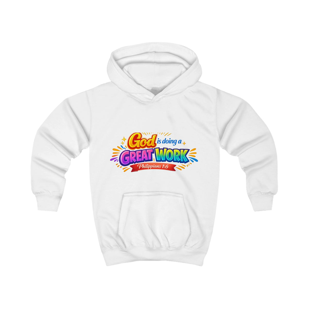 Kids Hoodie - "God is Doing a Great Work" Colorful Faith Pullover