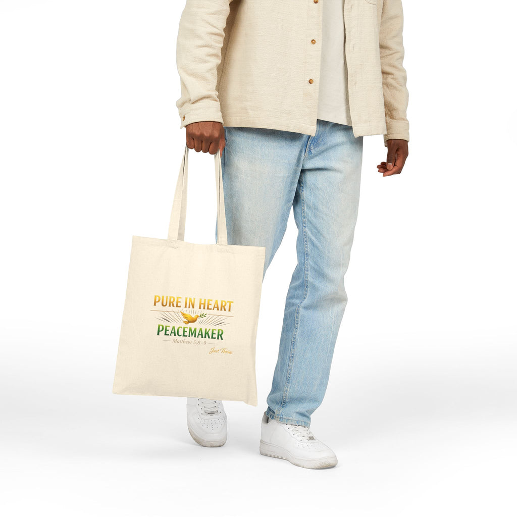 Tote Bag — "Pure in Heart, Peacemaker" Inspirational Cotton Canvas Tote