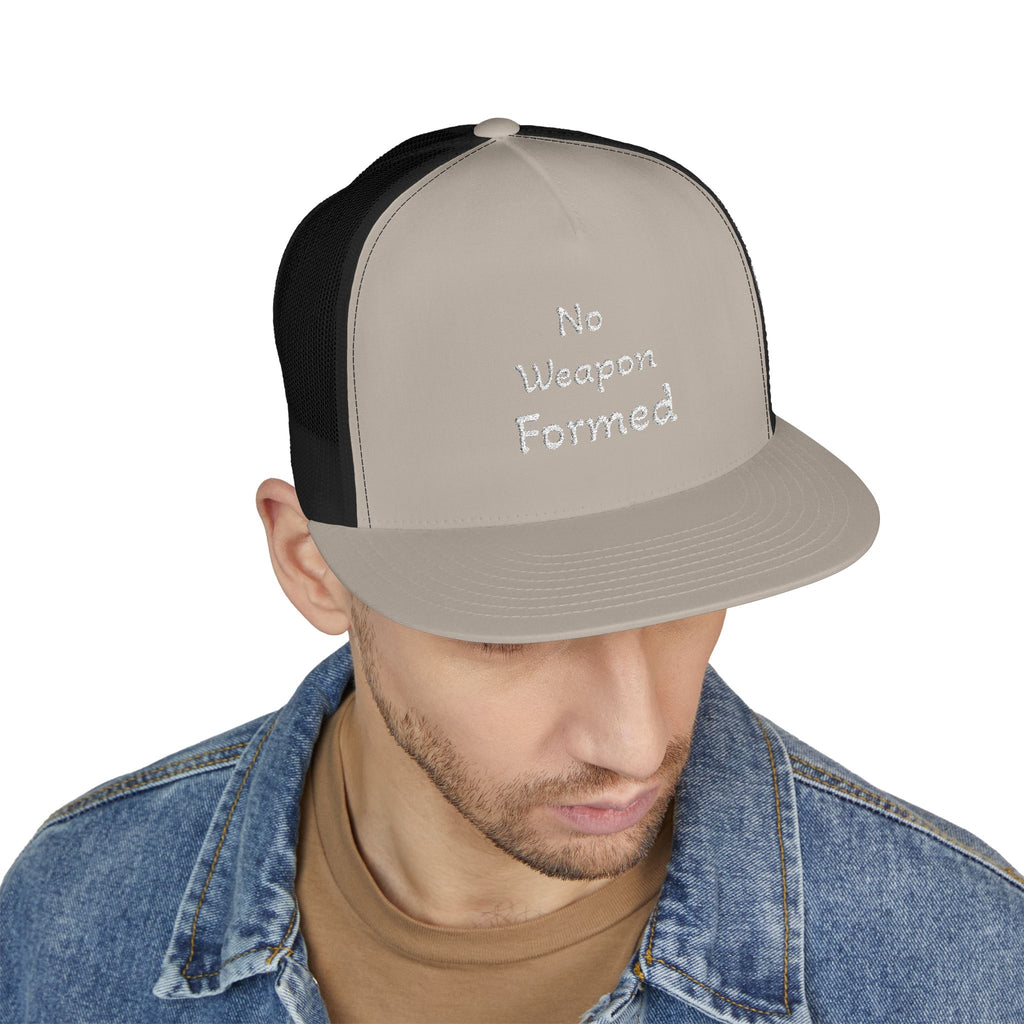 No Weapon Formed Trucker Cap — Christian Faith Statement Mesh Hat
