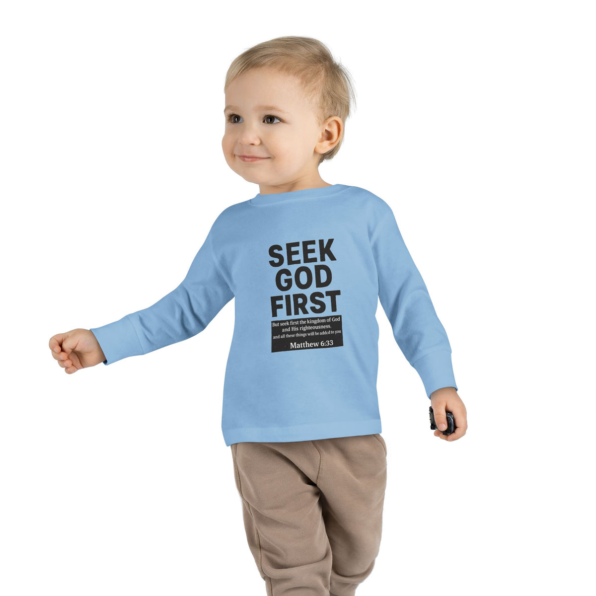 Toddler Long Sleeve Tee – "Seek God First" Christian Bible Verse Shirt (Matthew 6:33)
