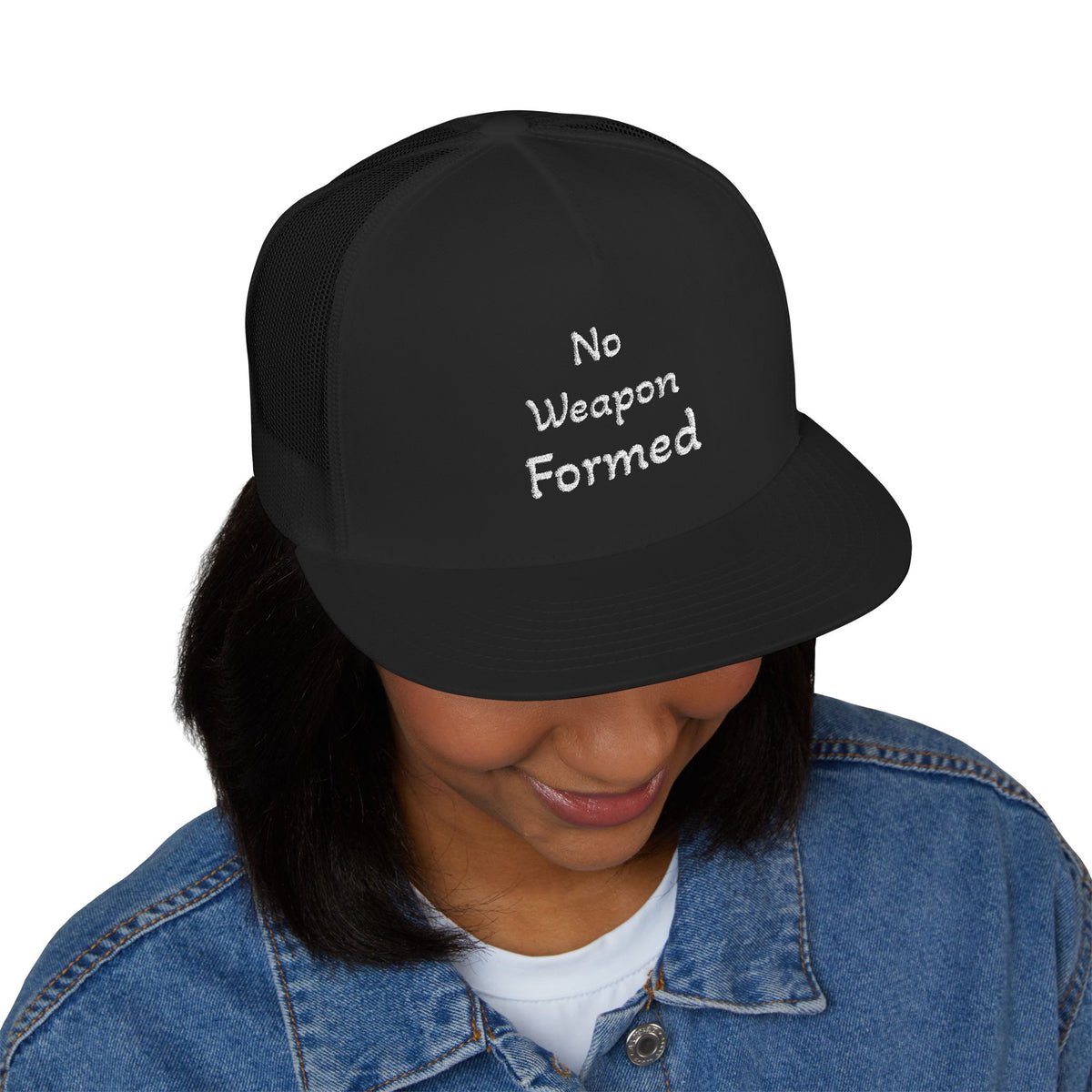 No Weapon Formed Trucker Cap — Christian Faith Statement Mesh Hat