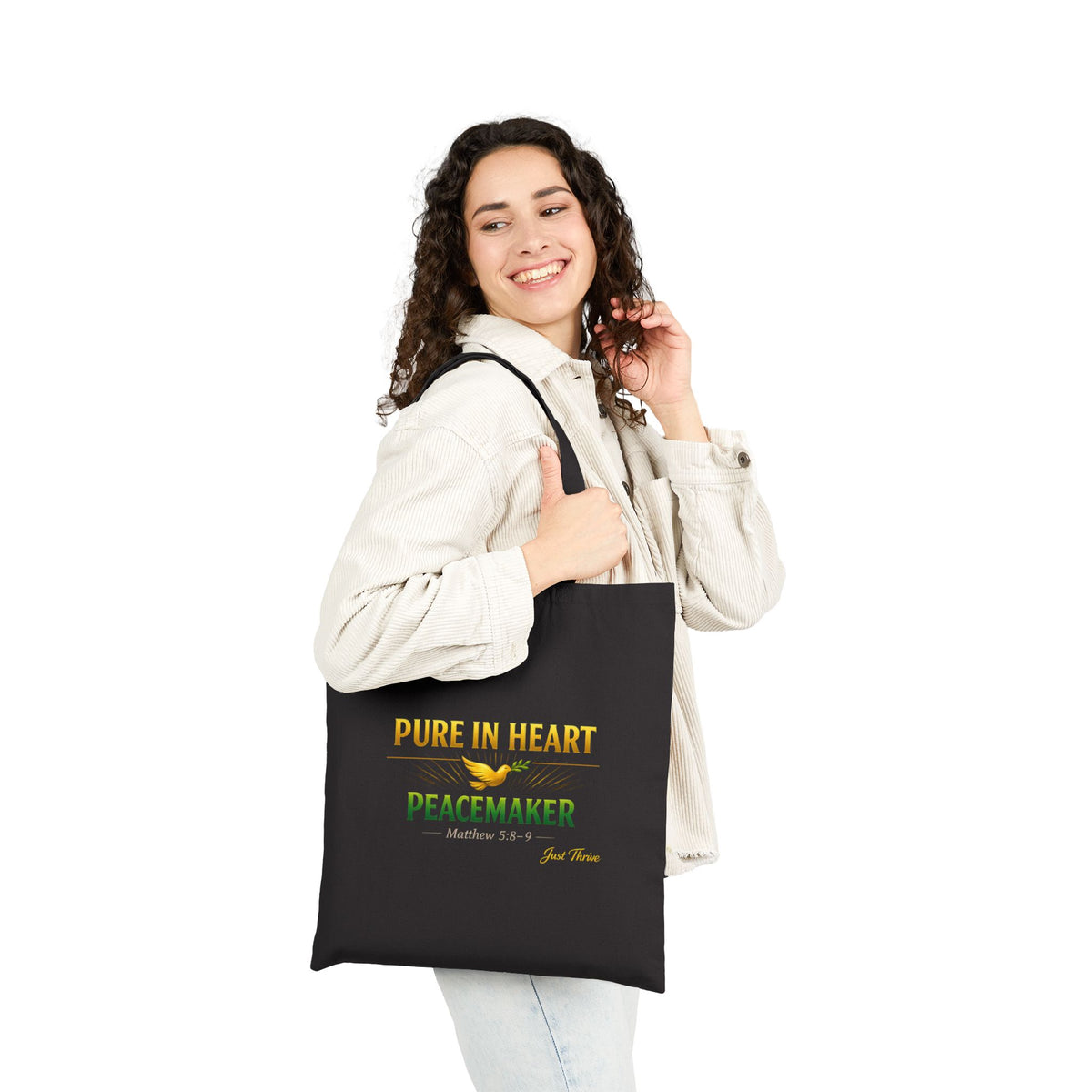 Tote Bag — "Pure in Heart, Peacemaker" Inspirational Cotton Canvas Tote