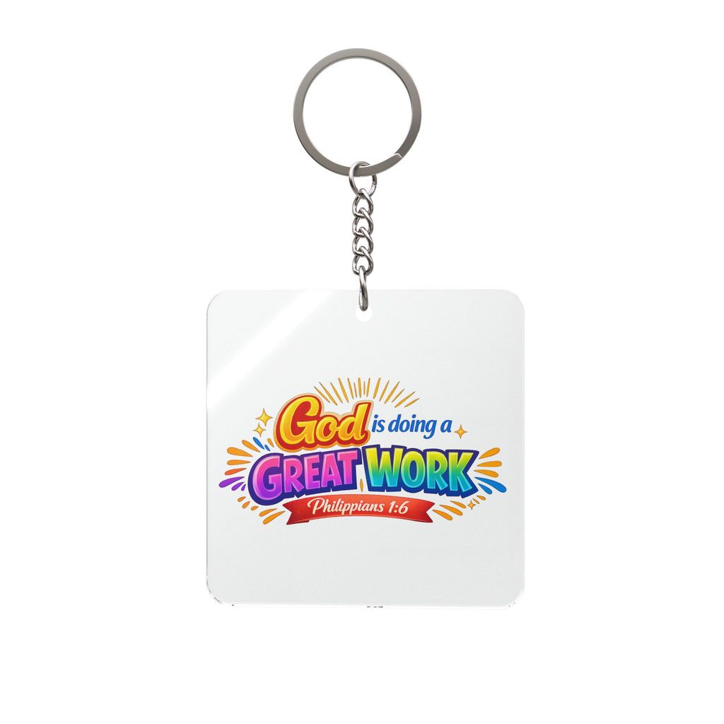 Square Keychain - "God is Doing a Great Work" Inspirational Christian Keyring (Philippians 1:6)