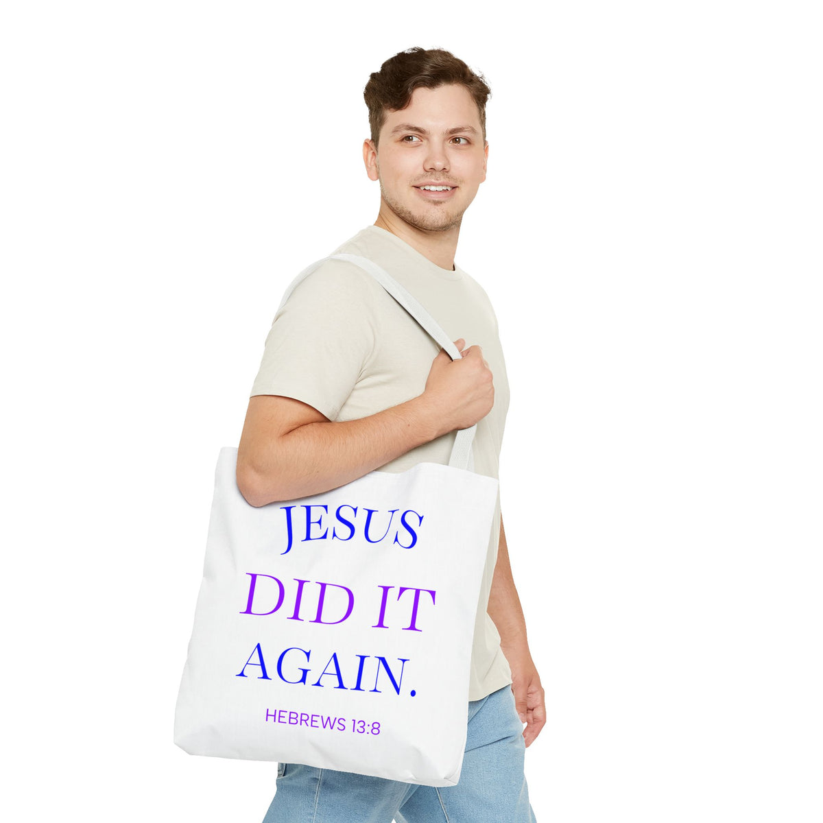 Faith Quote Tote Bag — “Jesus Did It Again” / “Child of God” Christian Canvas Tote