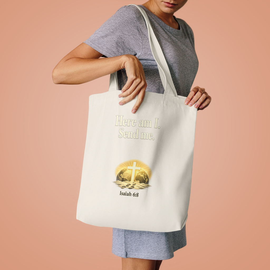 Here Am I Send Me Cotton Tote Bag — Christian Cross Faith Worship Grocery Tote