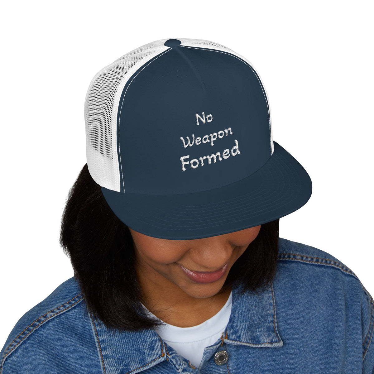 No Weapon Formed Trucker Cap — Christian Faith Statement Mesh Hat