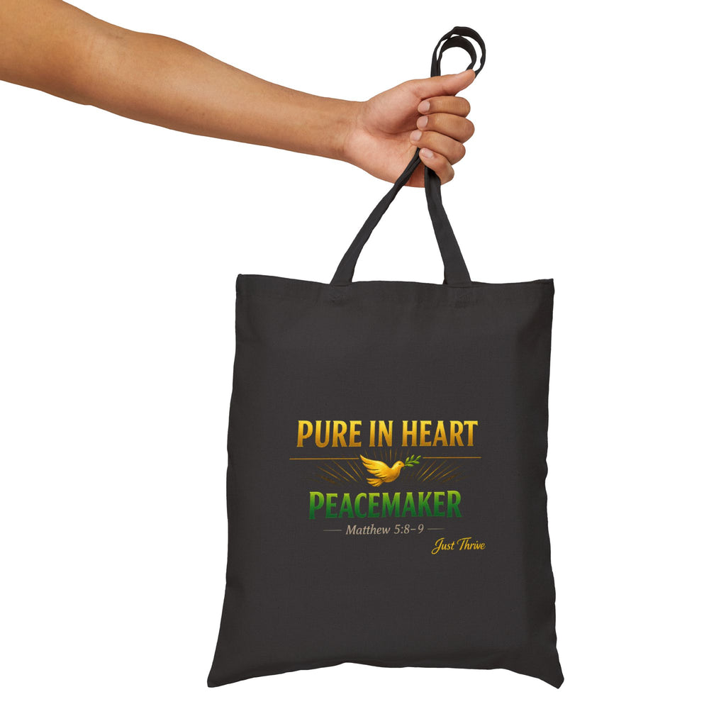 Tote Bag — "Pure in Heart, Peacemaker" Inspirational Cotton Canvas Tote