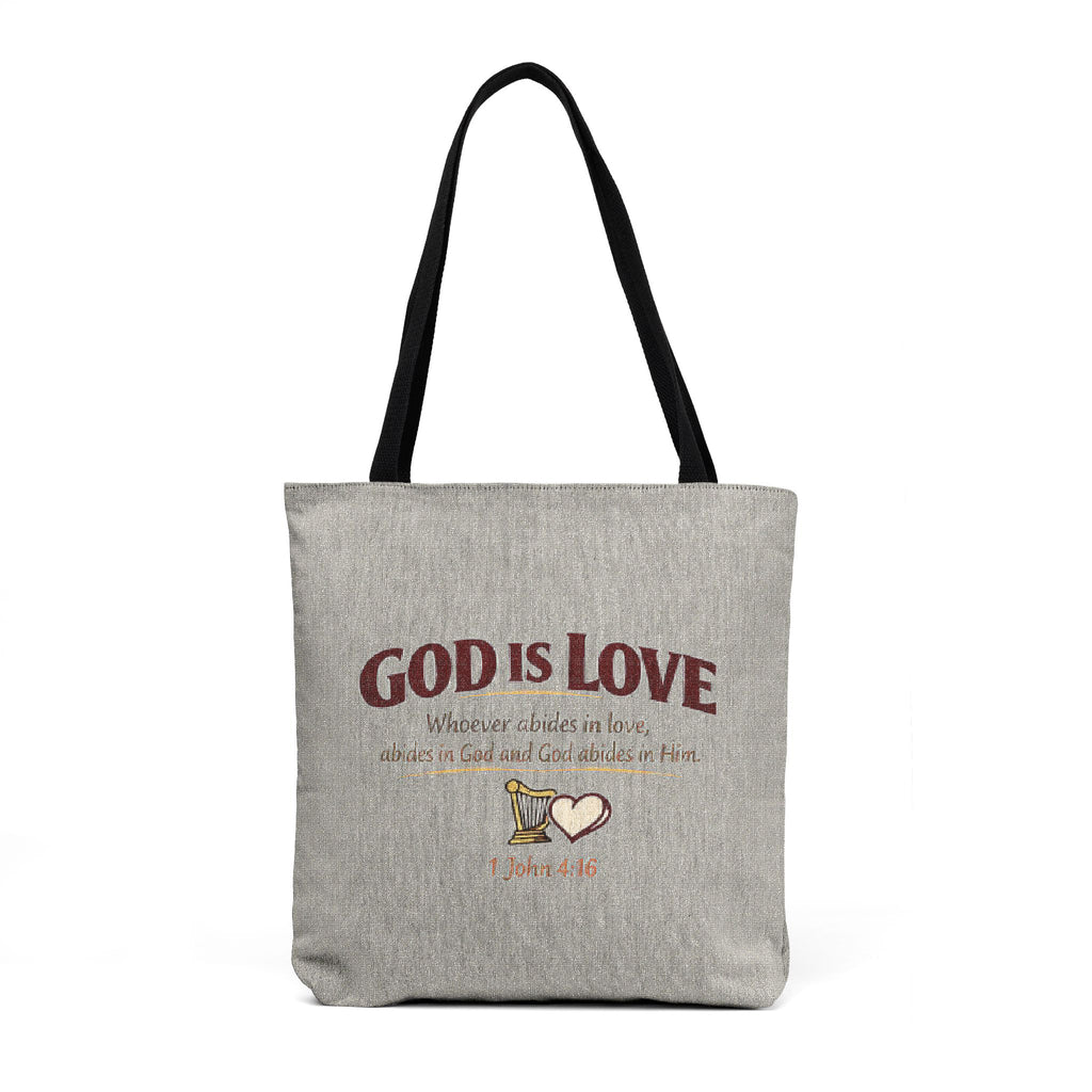 God Is Love Woven Tote — Faith-Inspired Cross Stitch Style Canvas Bag