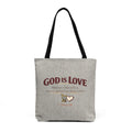 God Is Love Woven Tote — Faith-Inspired Cross Stitch Style Canvas Bag