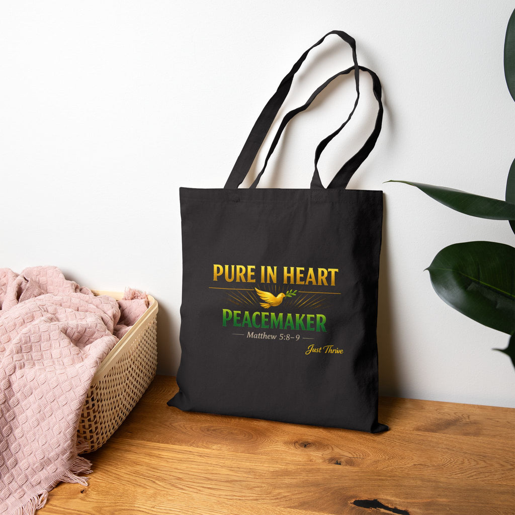 Tote Bag — "Pure in Heart, Peacemaker" Inspirational Cotton Canvas Tote
