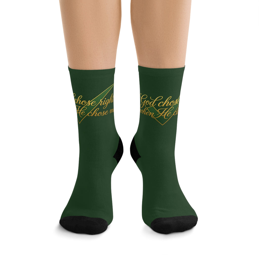 Socks - 'God Chose Right When He Chose Me' Green Recycled Polyester Crew Socks