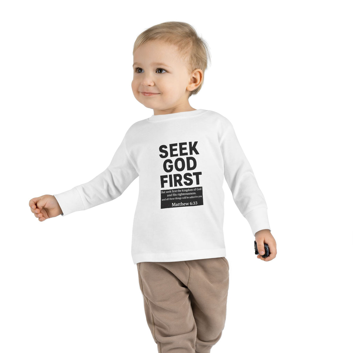 Toddler Long Sleeve Tee – "Seek God First" Christian Bible Verse Shirt (Matthew 6:33)