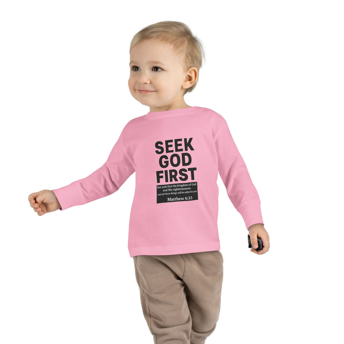 Toddler Long Sleeve Tee – "Seek God First" Christian Bible Verse Shirt (Matthew 6:33)