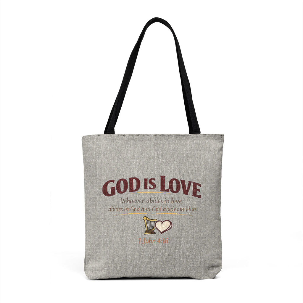 God Is Love Woven Tote — Faith-Inspired Cross Stitch Style Canvas Bag