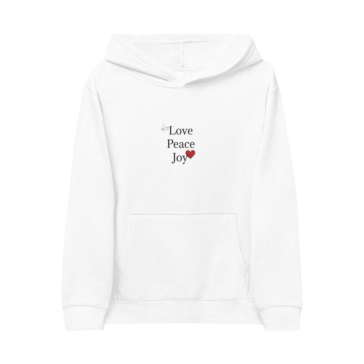 Kids Hoodie — 'Love Peace Joy' Embroidered Heart Sweatshirt