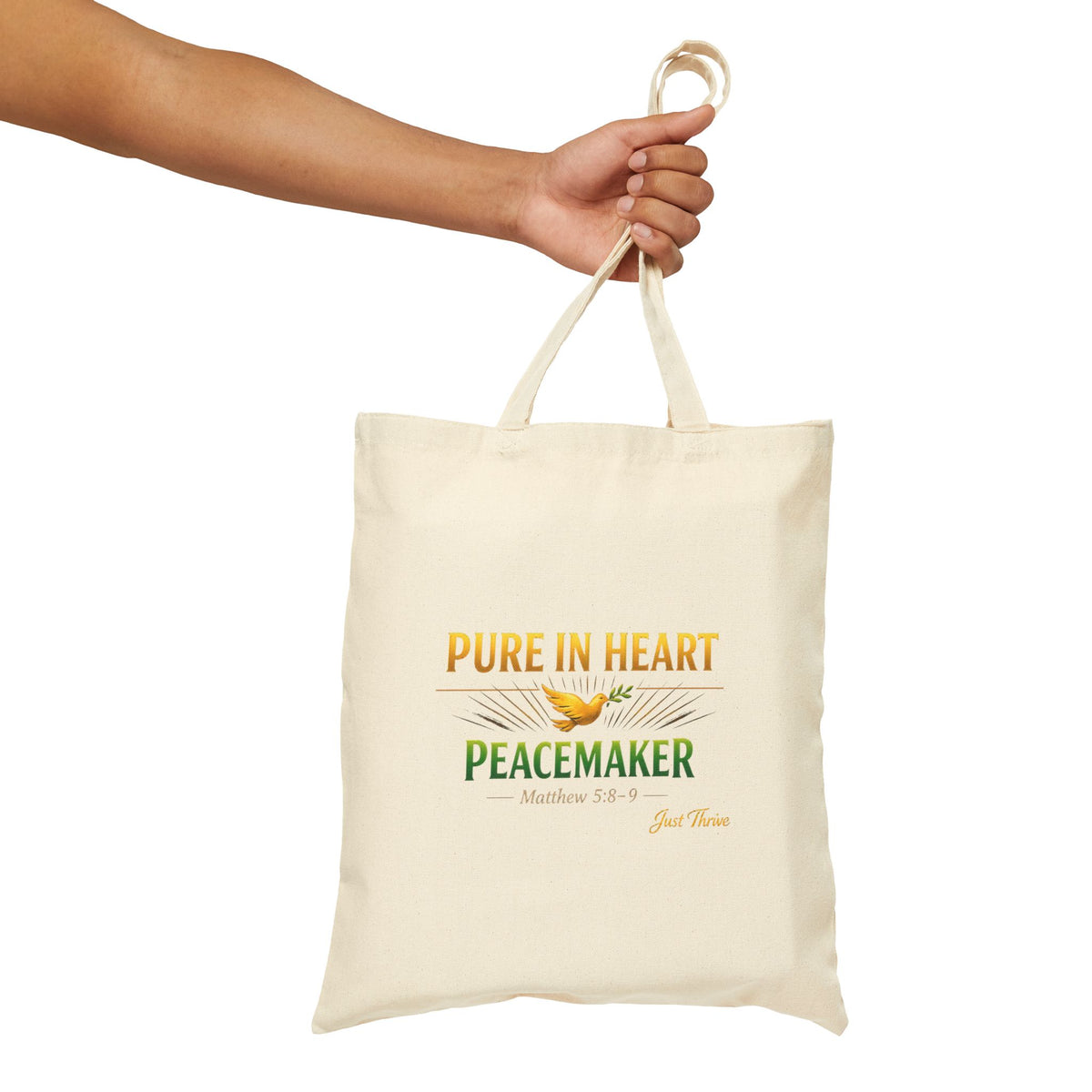 Tote Bag — "Pure in Heart, Peacemaker" Inspirational Cotton Canvas Tote