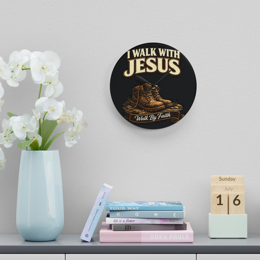 I Walk With Jesus Acrylic Wall Clock — Christian Faith Boots Design
