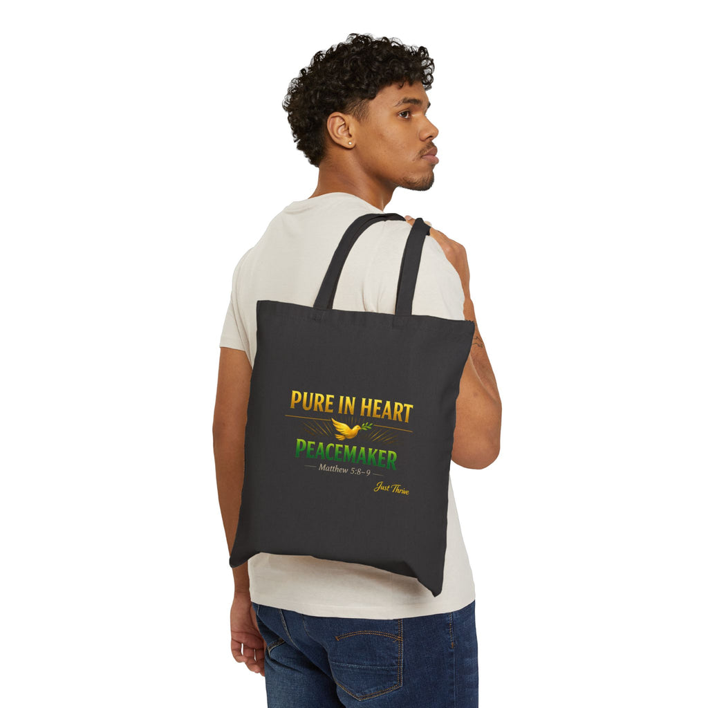 Tote Bag — "Pure in Heart, Peacemaker" Inspirational Cotton Canvas Tote