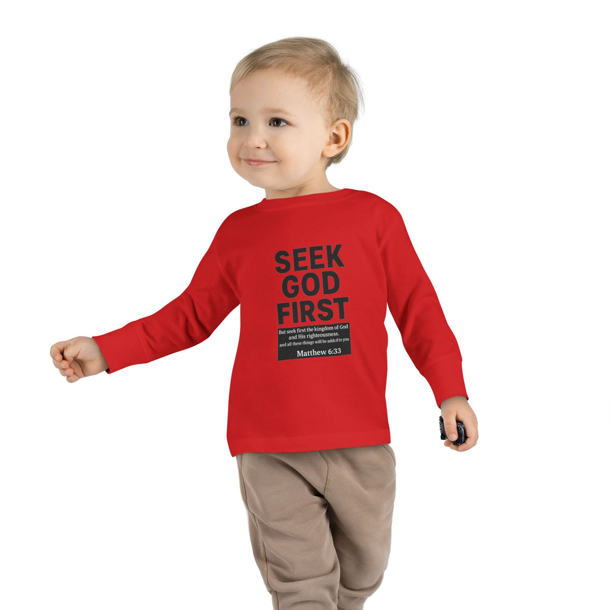 Toddler Long Sleeve Tee – "Seek God First" Christian Bible Verse Shirt (Matthew 6:33)