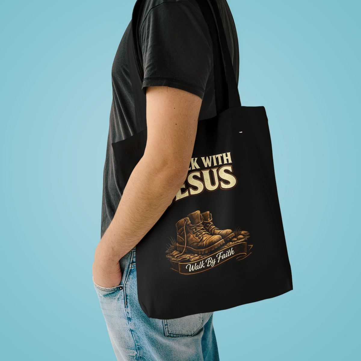 I Walk With Jesus Tote Bag — Faith Boots Cotton Tote for Church, Bible Study & Christian Gifts
