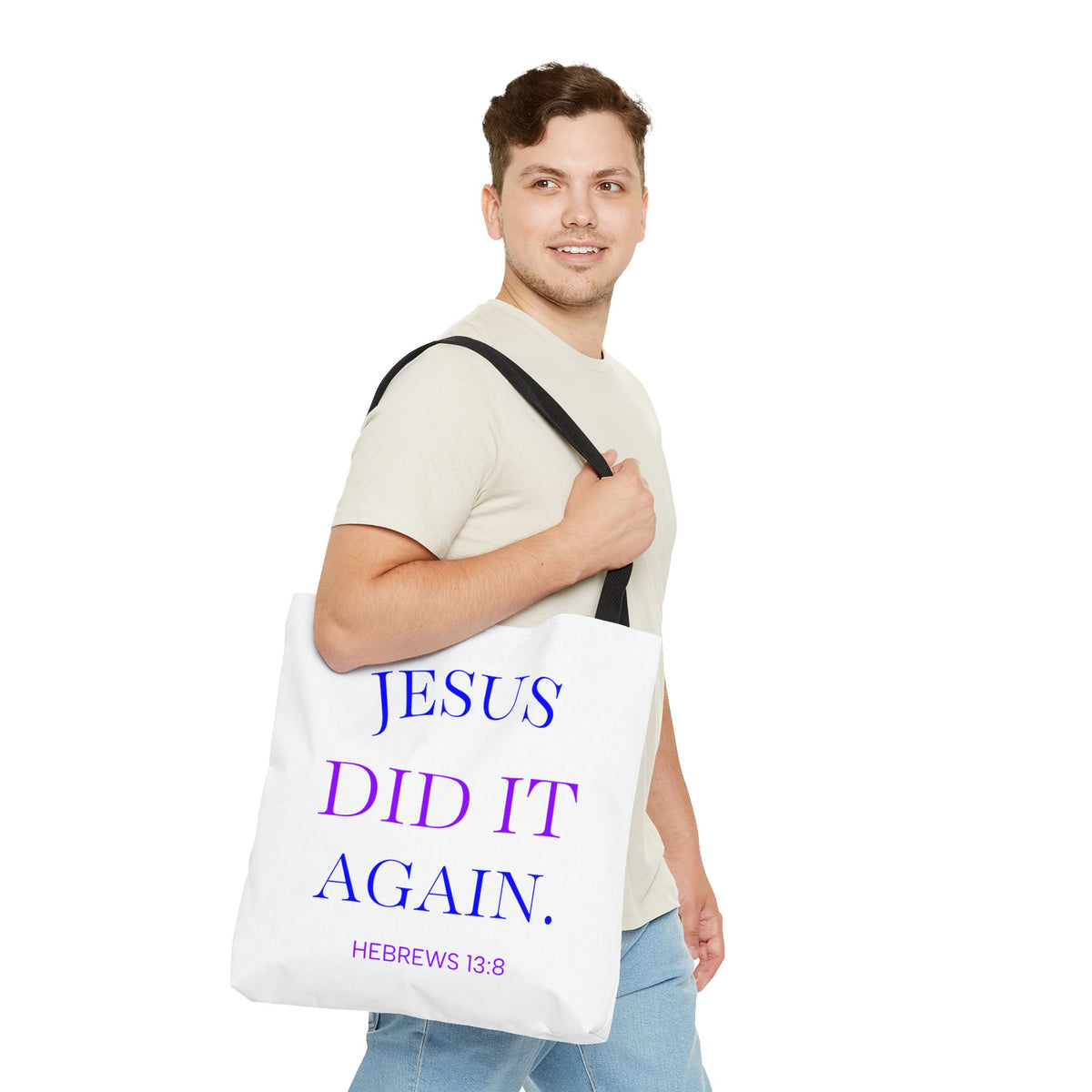 Faith Quote Tote Bag — “Jesus Did It Again” / “Child of God” Christian Canvas Tote