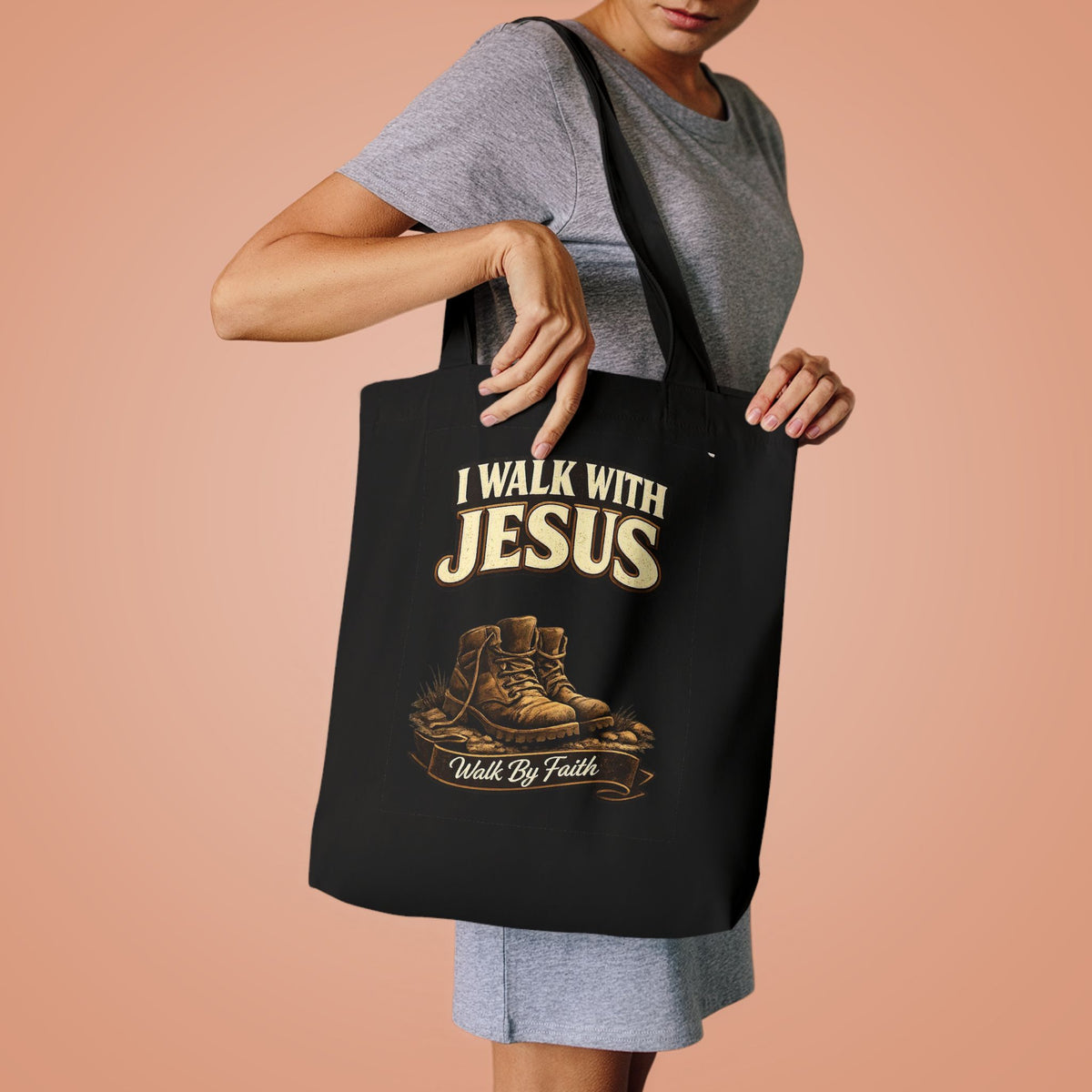 I Walk With Jesus Tote Bag — Faith Boots Cotton Tote for Church, Bible Study & Christian Gifts