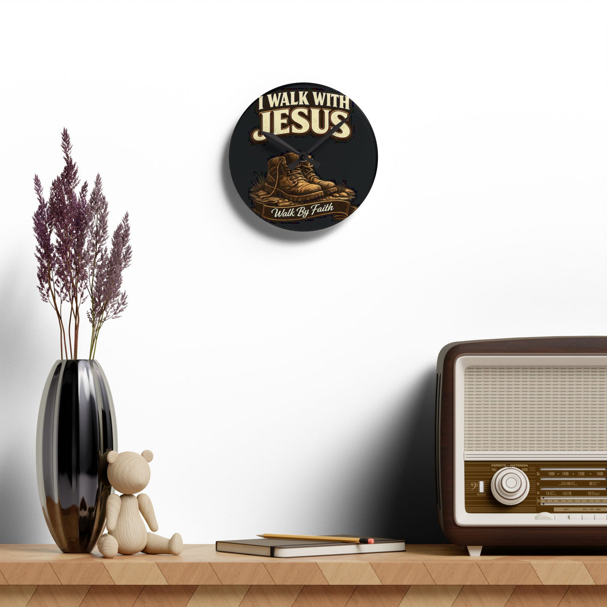 I Walk With Jesus Acrylic Wall Clock — Christian Faith Boots Design