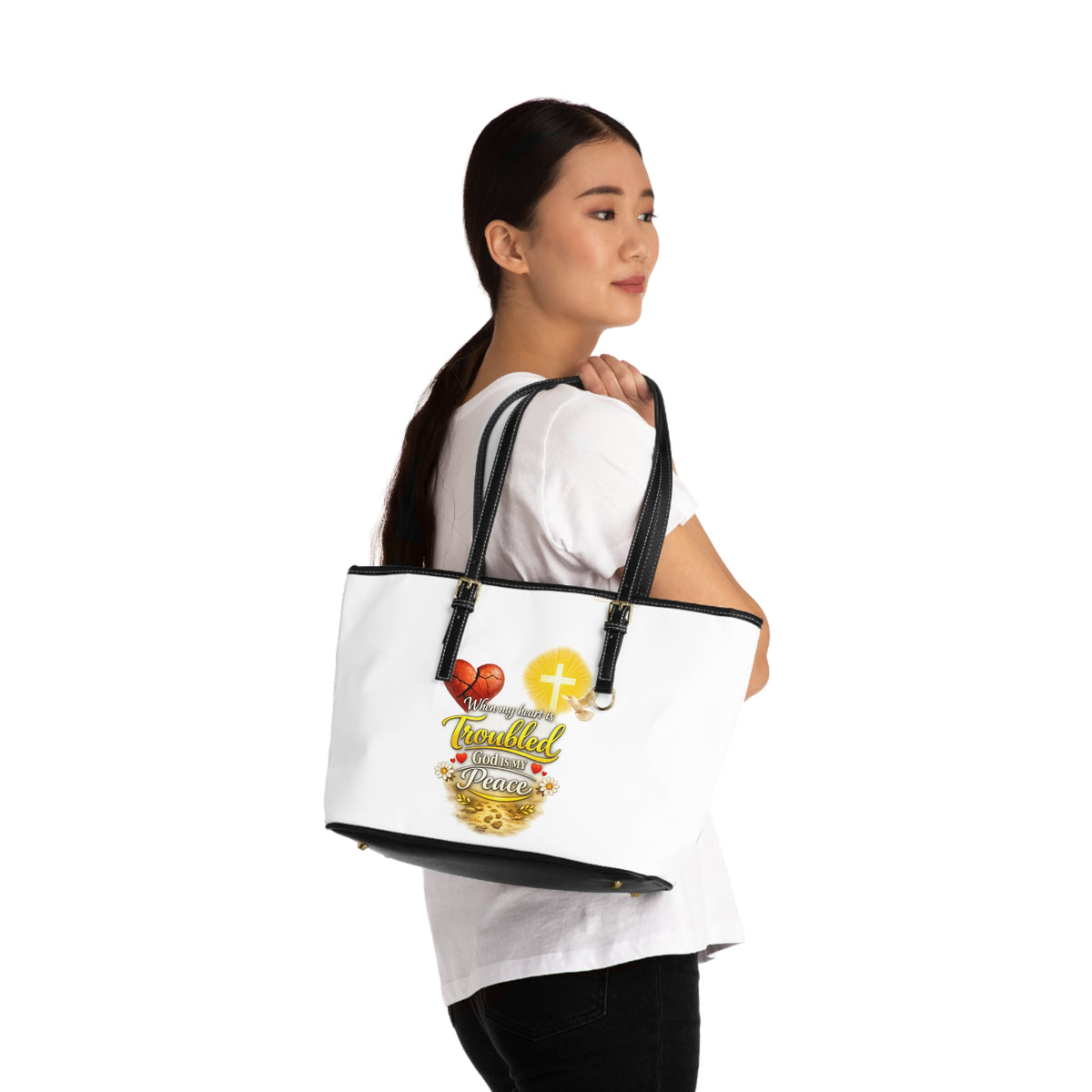 Christian PU Leather Shoulder Bag — "When I’m Worried & Troubled, God Gives Me Peace" Inspirational Tote