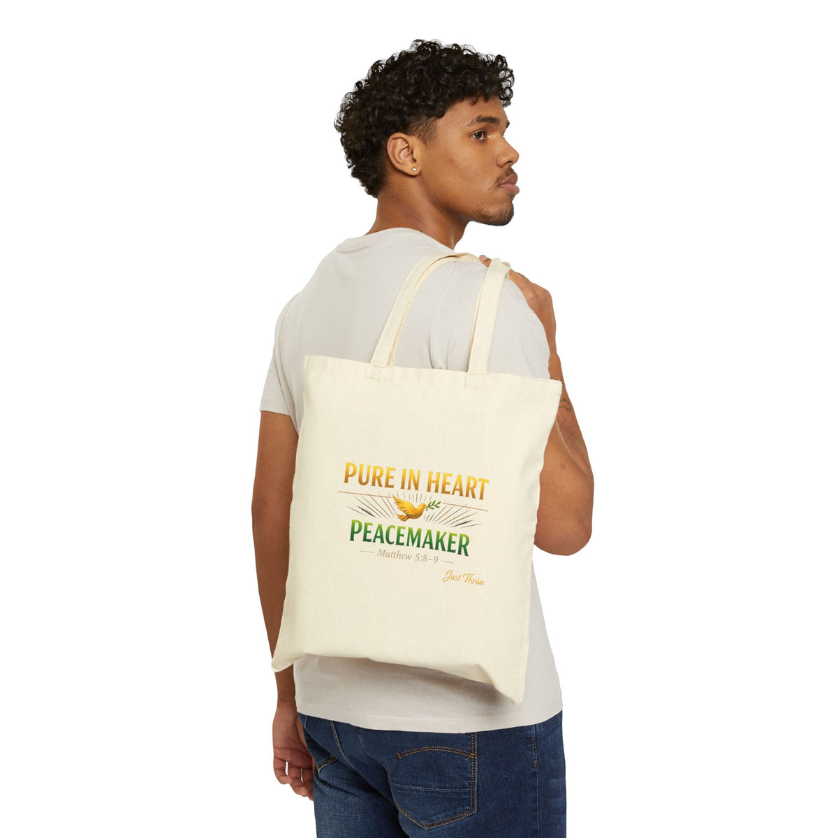 Tote Bag — "Pure in Heart, Peacemaker" Inspirational Cotton Canvas Tote