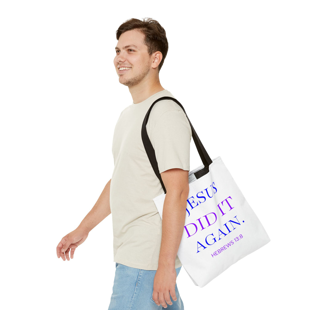 Faith Quote Tote Bag — “Jesus Did It Again” / “Child of God” Christian Canvas Tote