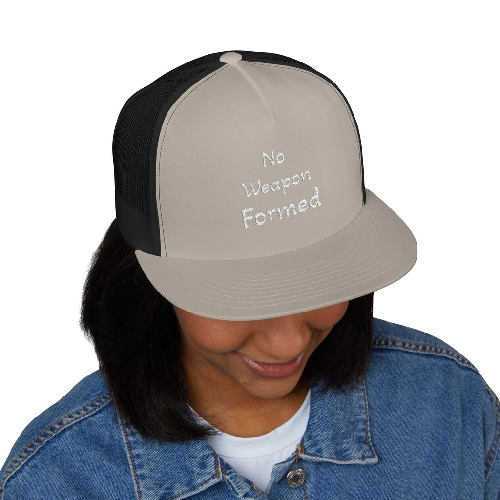 No Weapon Formed Trucker Cap — Christian Faith Statement Mesh Hat