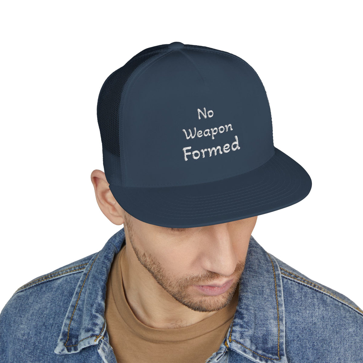 No Weapon Formed Trucker Cap — Christian Faith Statement Mesh Hat