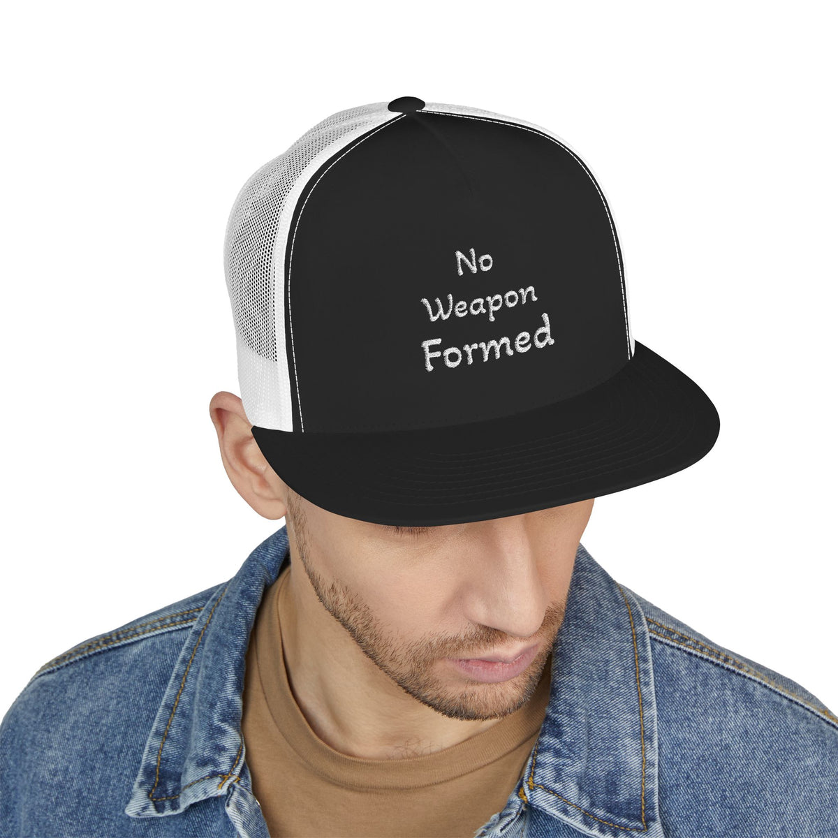 No Weapon Formed Trucker Cap — Christian Faith Statement Mesh Hat
