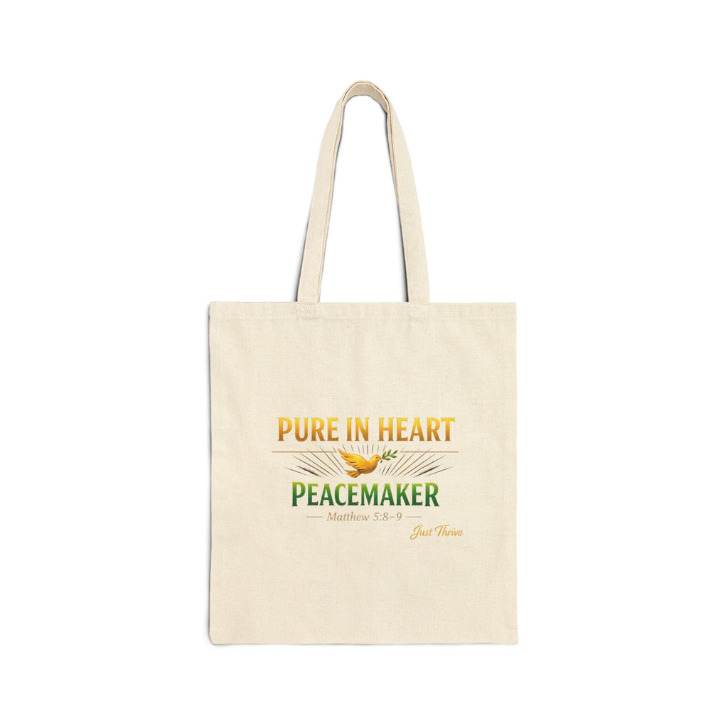 Tote Bag — "Pure in Heart, Peacemaker" Inspirational Cotton Canvas Tote
