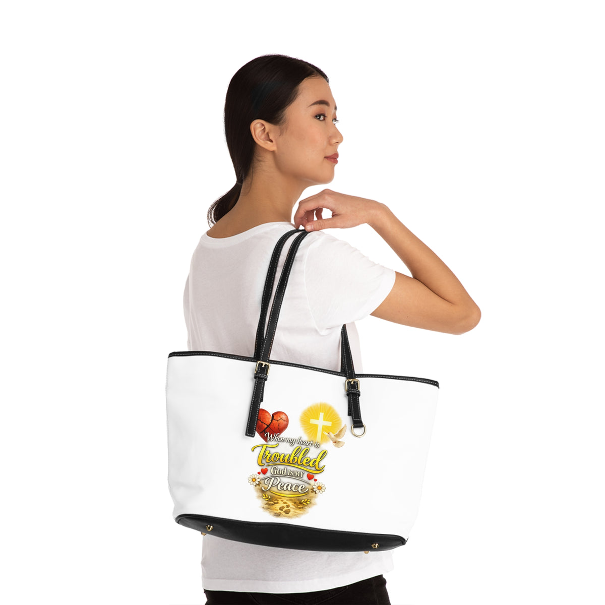 Christian PU Leather Shoulder Bag — "When I’m Worried & Troubled, God Gives Me Peace" Inspirational Tote