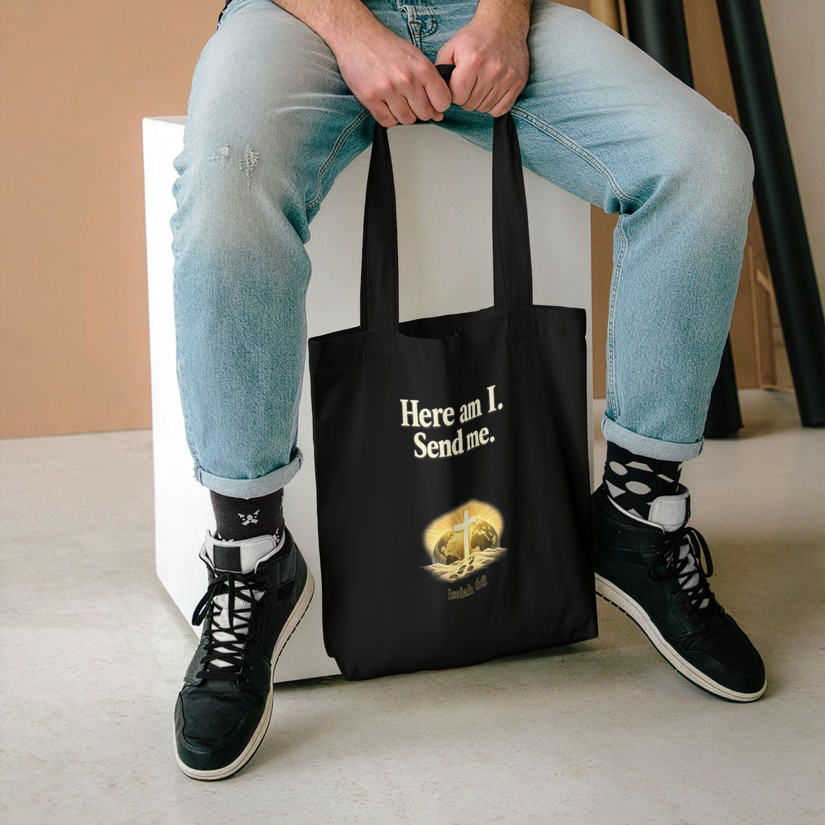 Here Am I Send Me Cotton Tote Bag — Christian Cross Faith Worship Grocery Tote