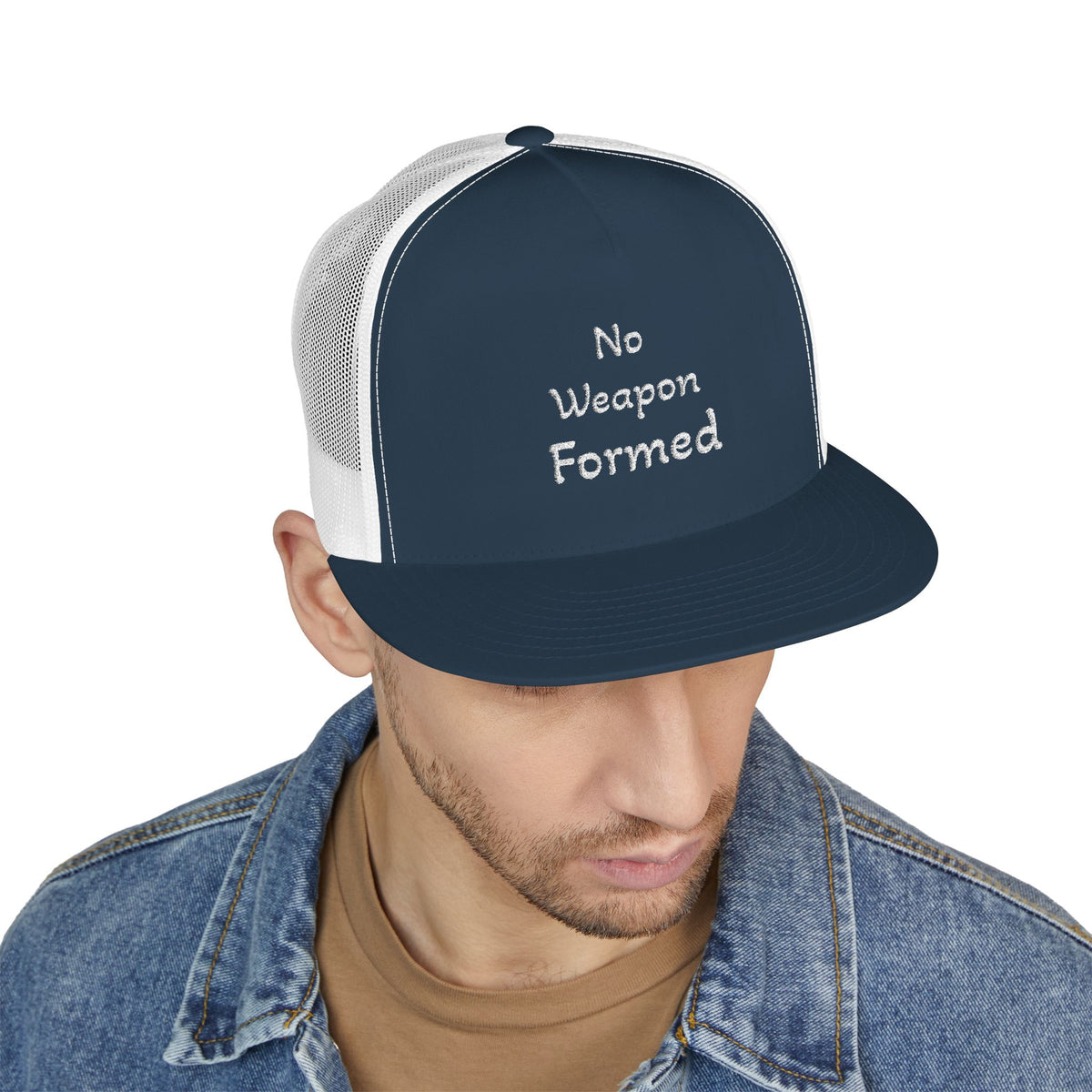 No Weapon Formed Trucker Cap — Christian Faith Statement Mesh Hat