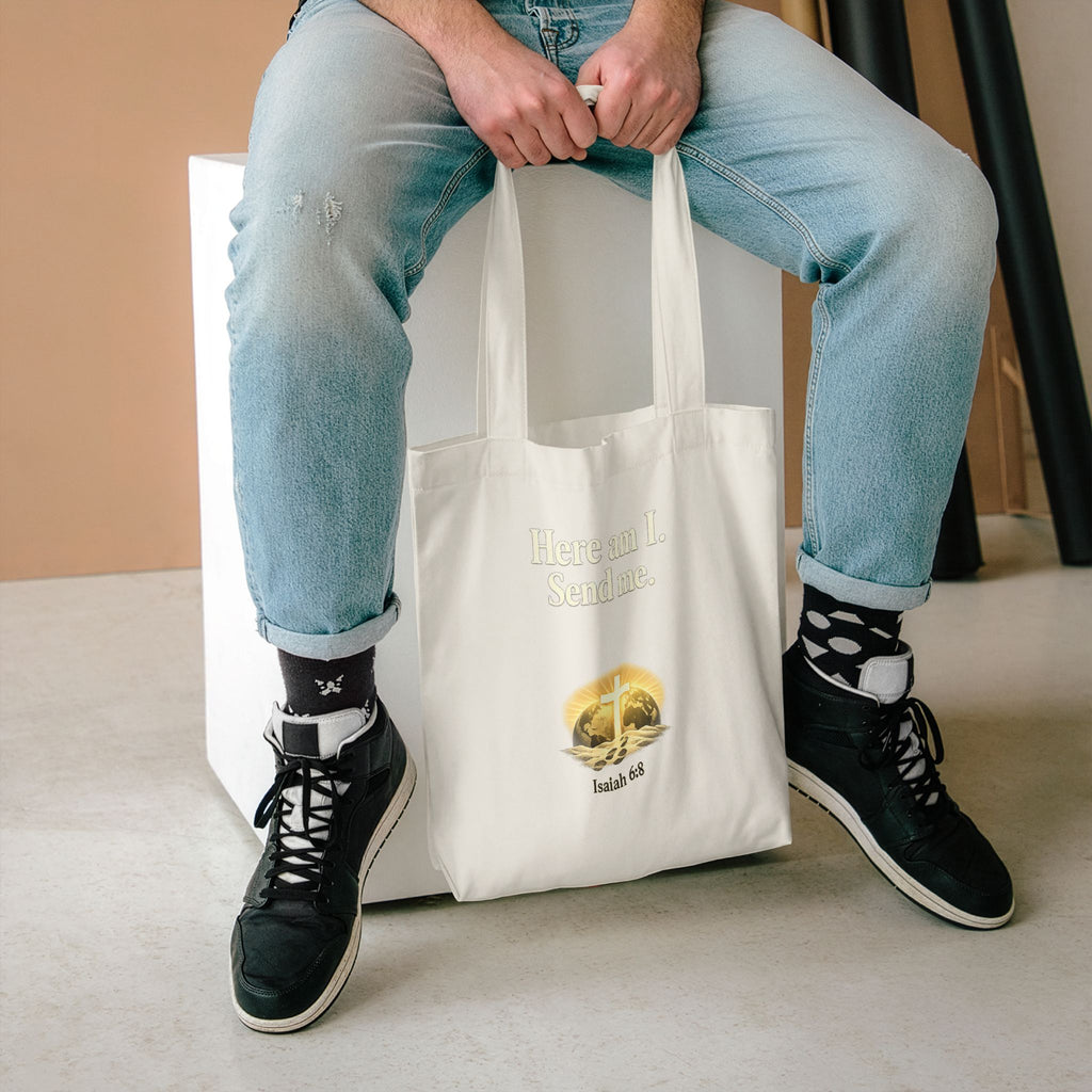 Here Am I Send Me Cotton Tote Bag — Christian Cross Faith Worship Grocery Tote
