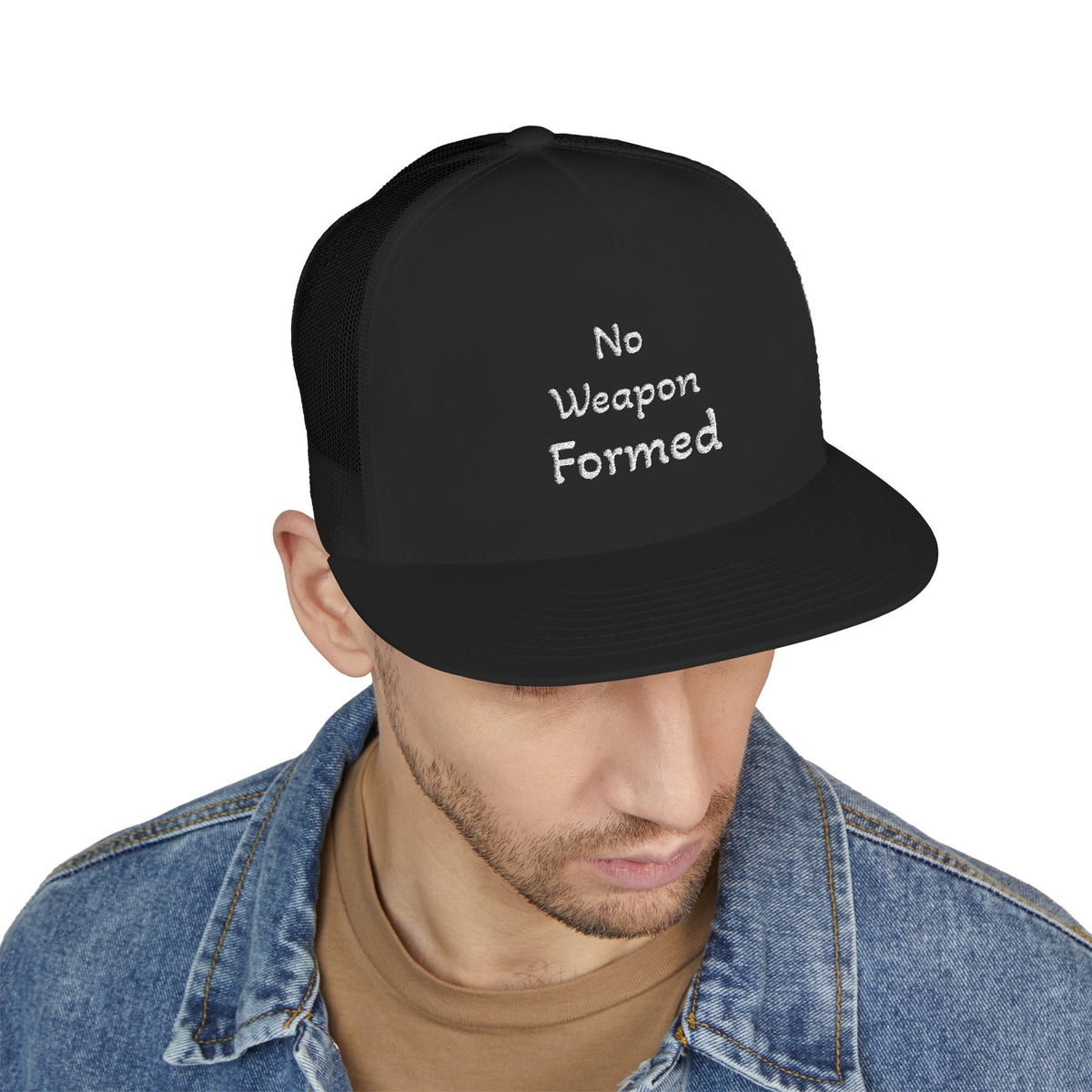 No Weapon Formed Trucker Cap — Christian Faith Statement Mesh Hat