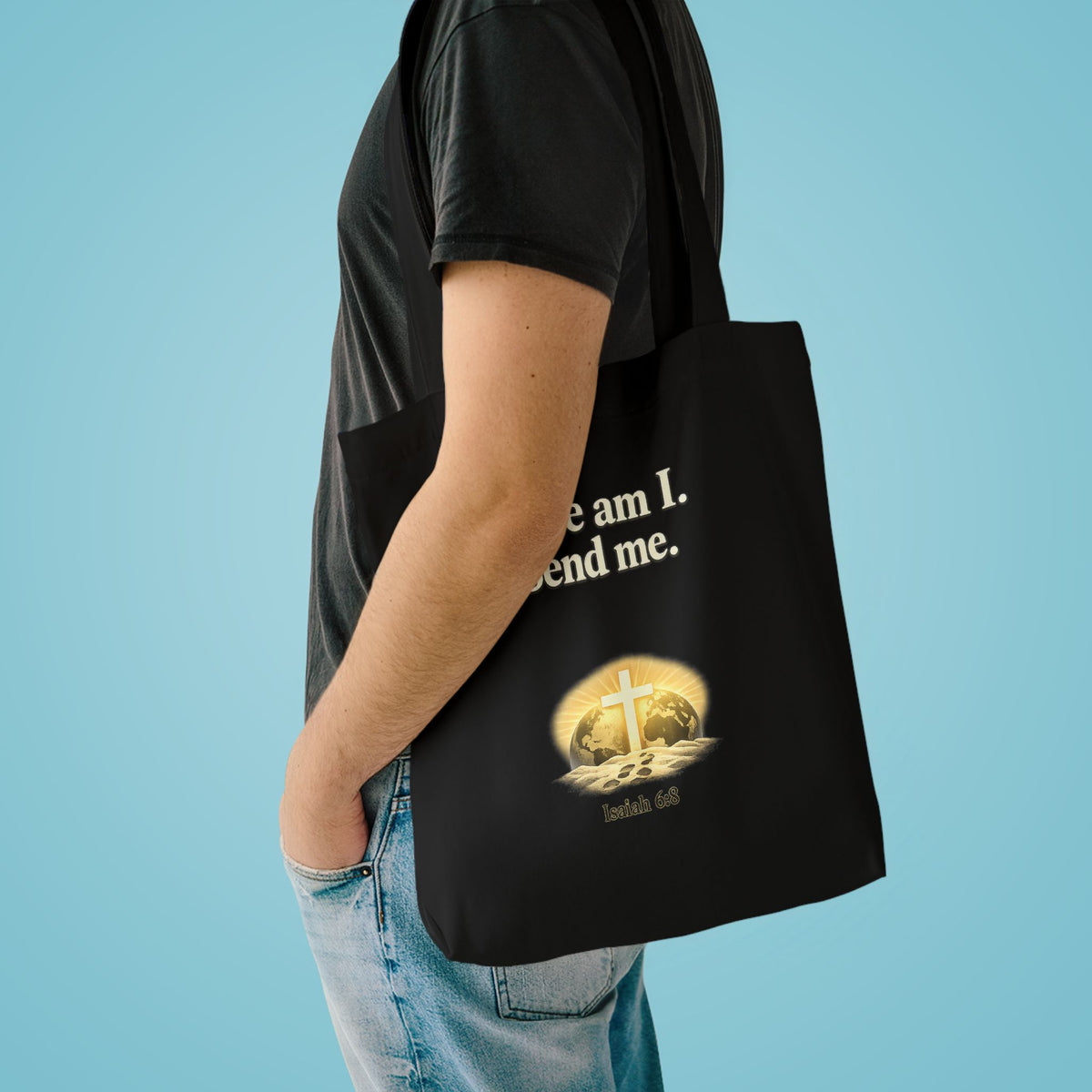 Here Am I Send Me Cotton Tote Bag — Christian Cross Faith Worship Grocery Tote