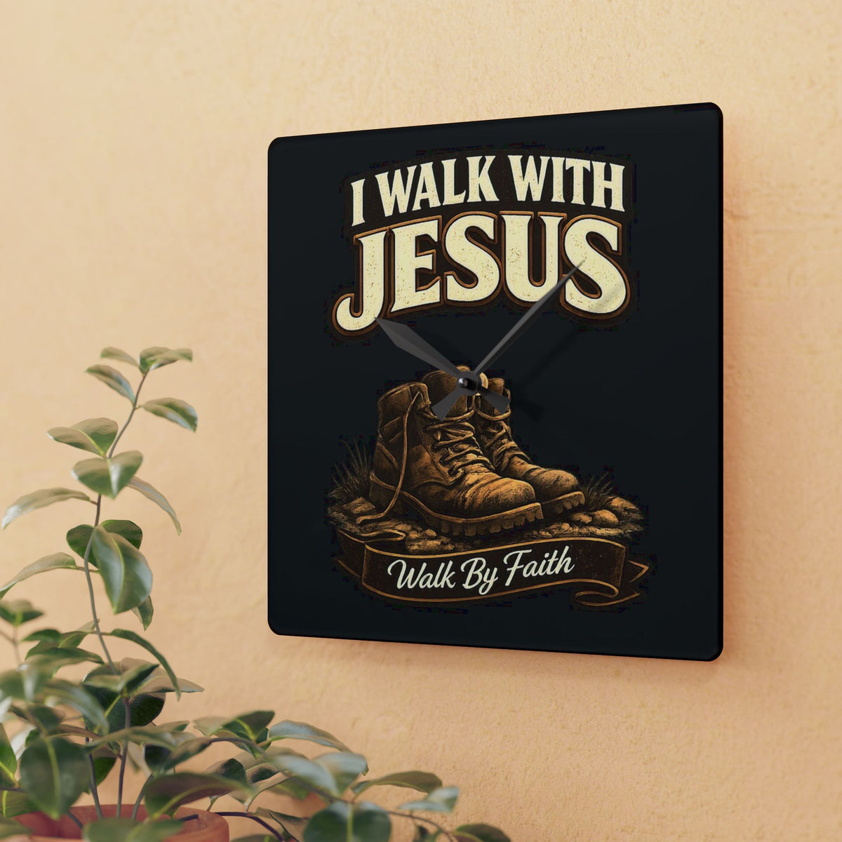 I Walk With Jesus Acrylic Wall Clock — Christian Faith Boots Design