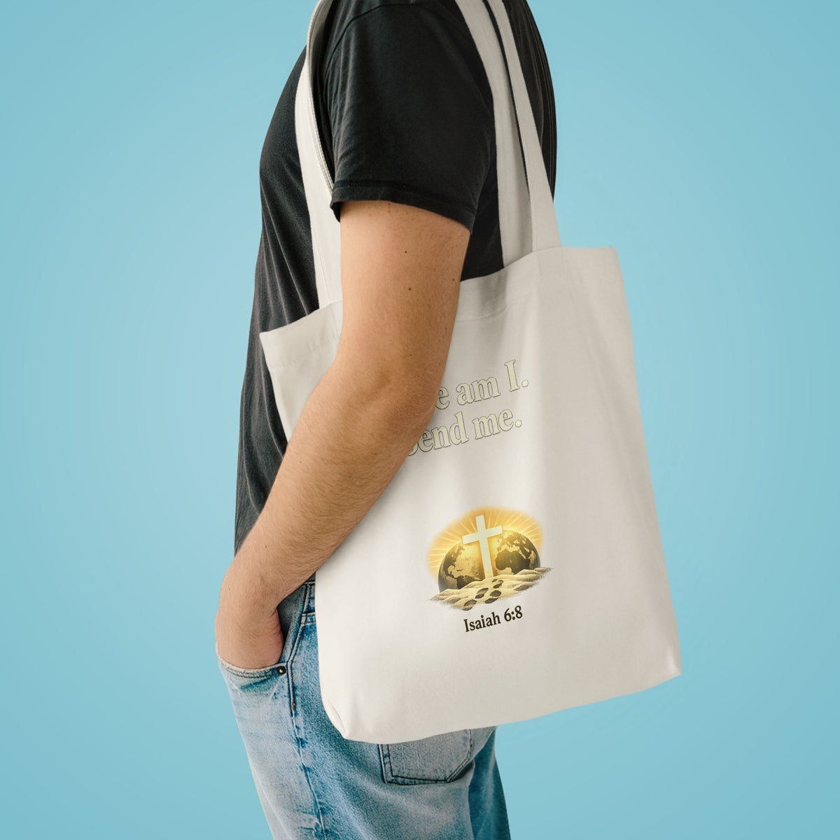 Here Am I Send Me Cotton Tote Bag — Christian Cross Faith Worship Grocery Tote